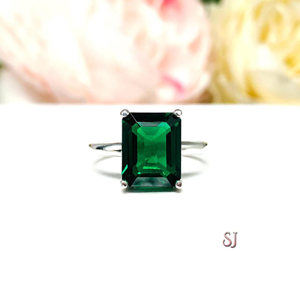 Emerald Cut Lab Created Emerald Ring - Sterling Silver