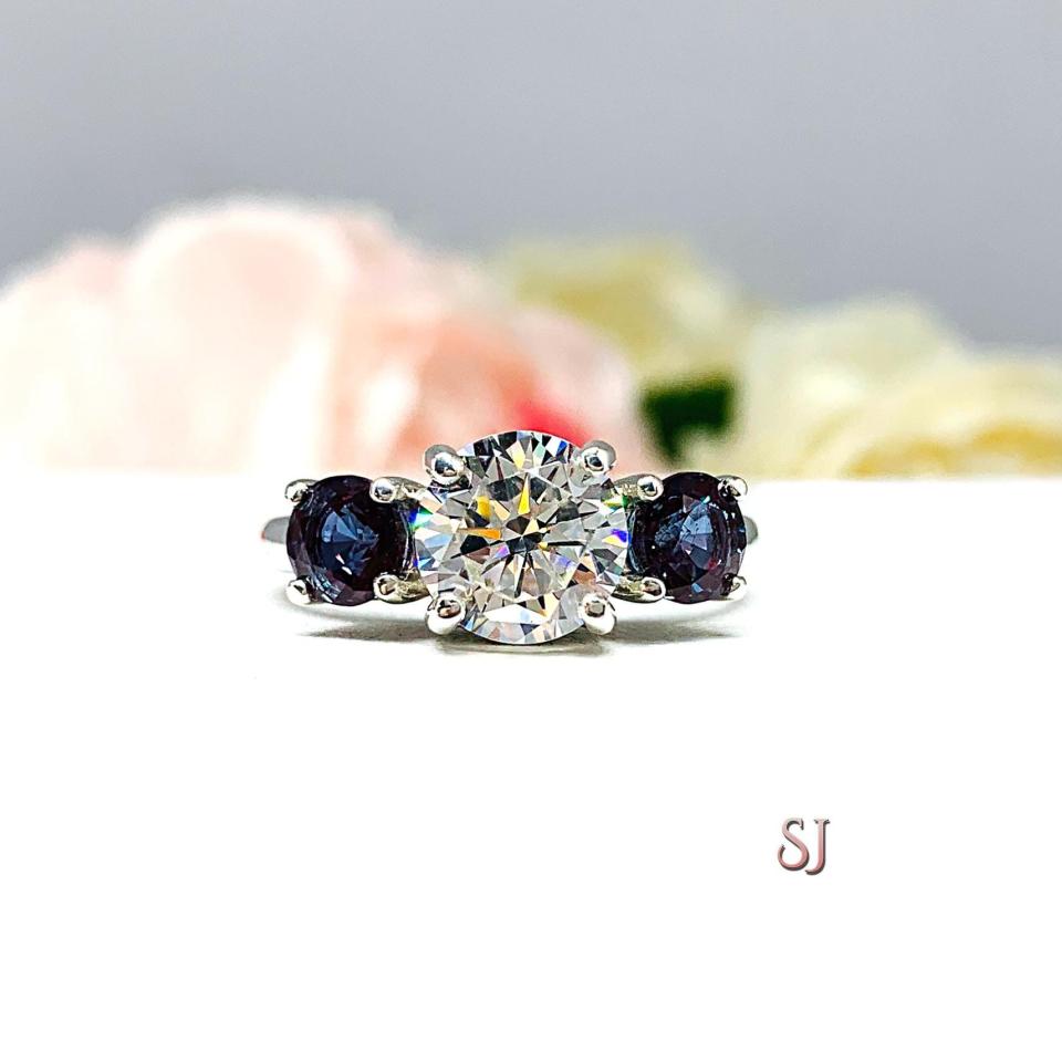 Round Near Colorless CZ Lab Alexandrite 3 Stone Engagement Ring