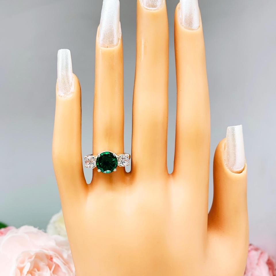 Round Lab Emerald 3-Stone Ring – CZ Side Stones, 6mm-9mm, Sterling Silver