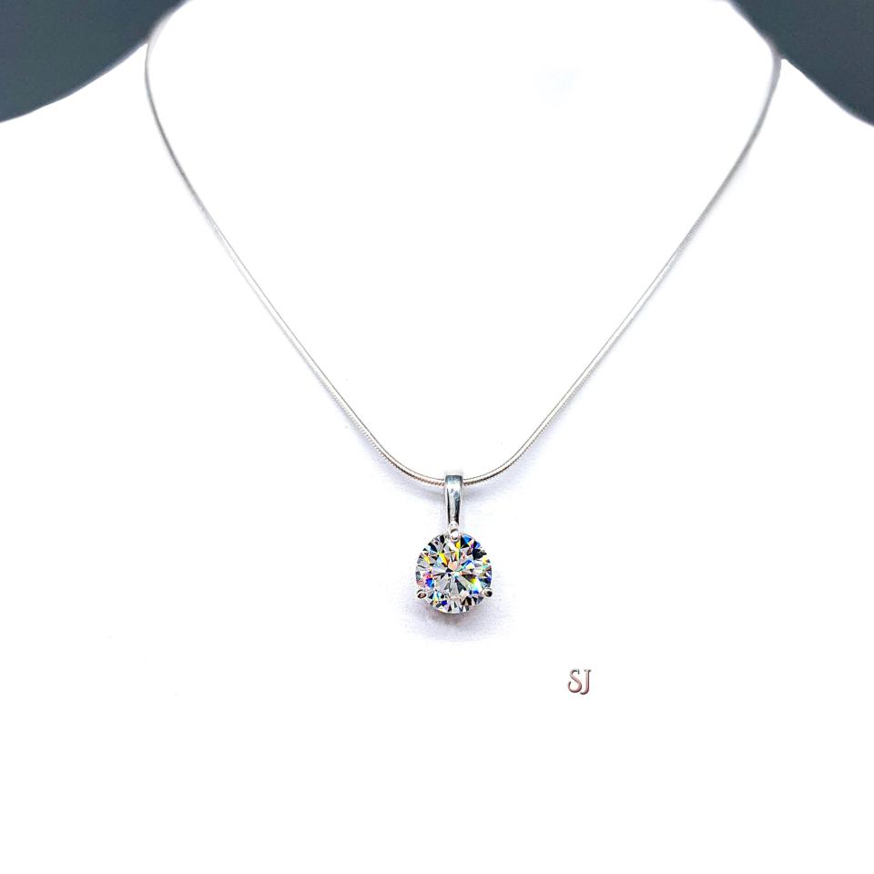 Round CZ Martini 3-Prong Pendant - Sterling silver necklace - Seven size options- Near colorless cubic zirconia