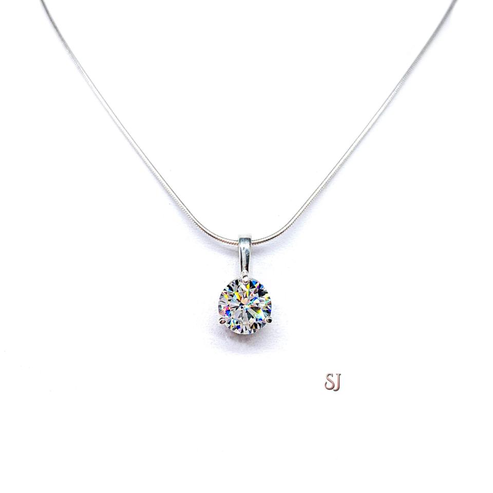 Round CZ Martini 3-Prong Pendant - Sterling silver necklace - Seven size options- Near colorless cubic zirconia
