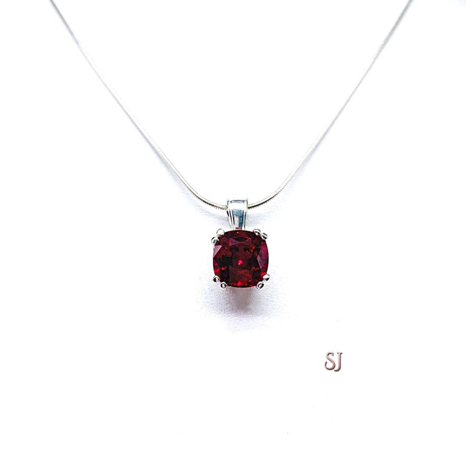 Lab Ruby 9mm Cushion Pendant - Sterling silver necklace - Water lily design - July birthstone gift
