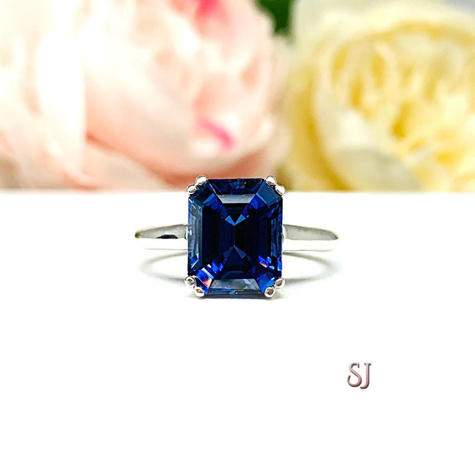 Lab Blue Sapphire Emerald Cut Double Prong Ring
