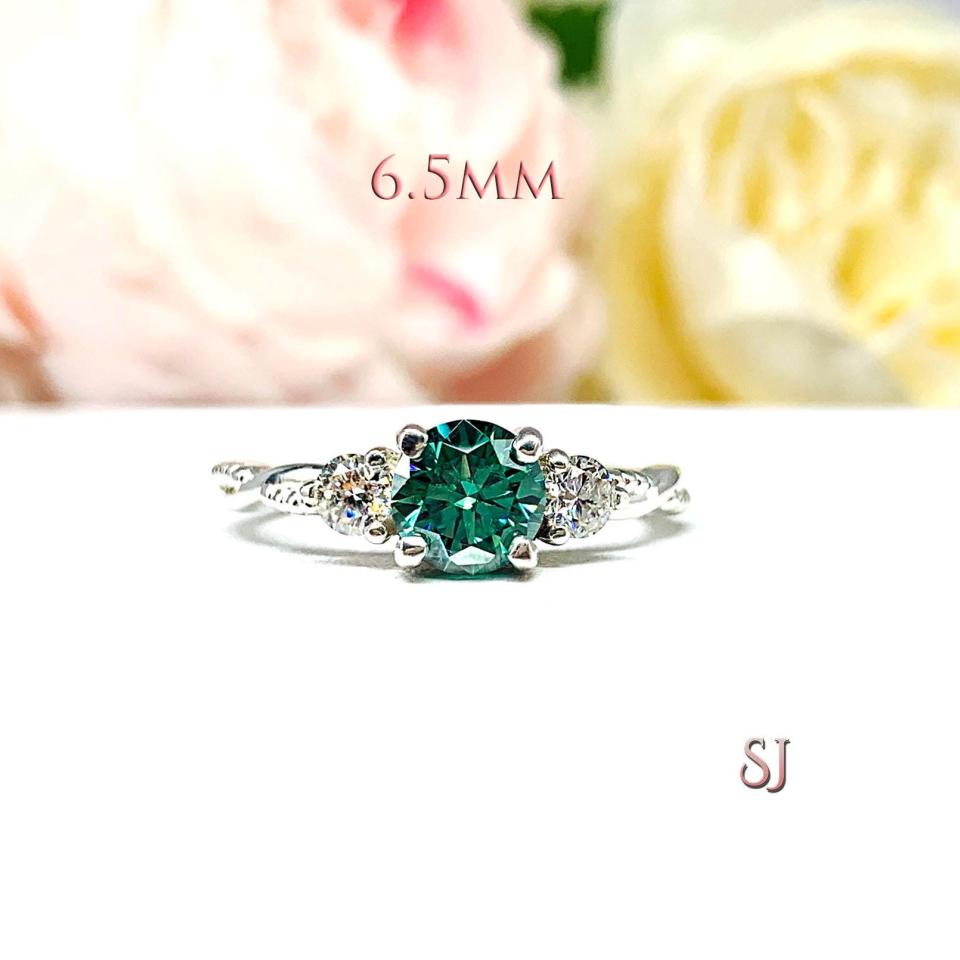 Green Moissanite 3 Stone Ring – Sterling Silver Milgrain Twist Band – White Moissanite Accents