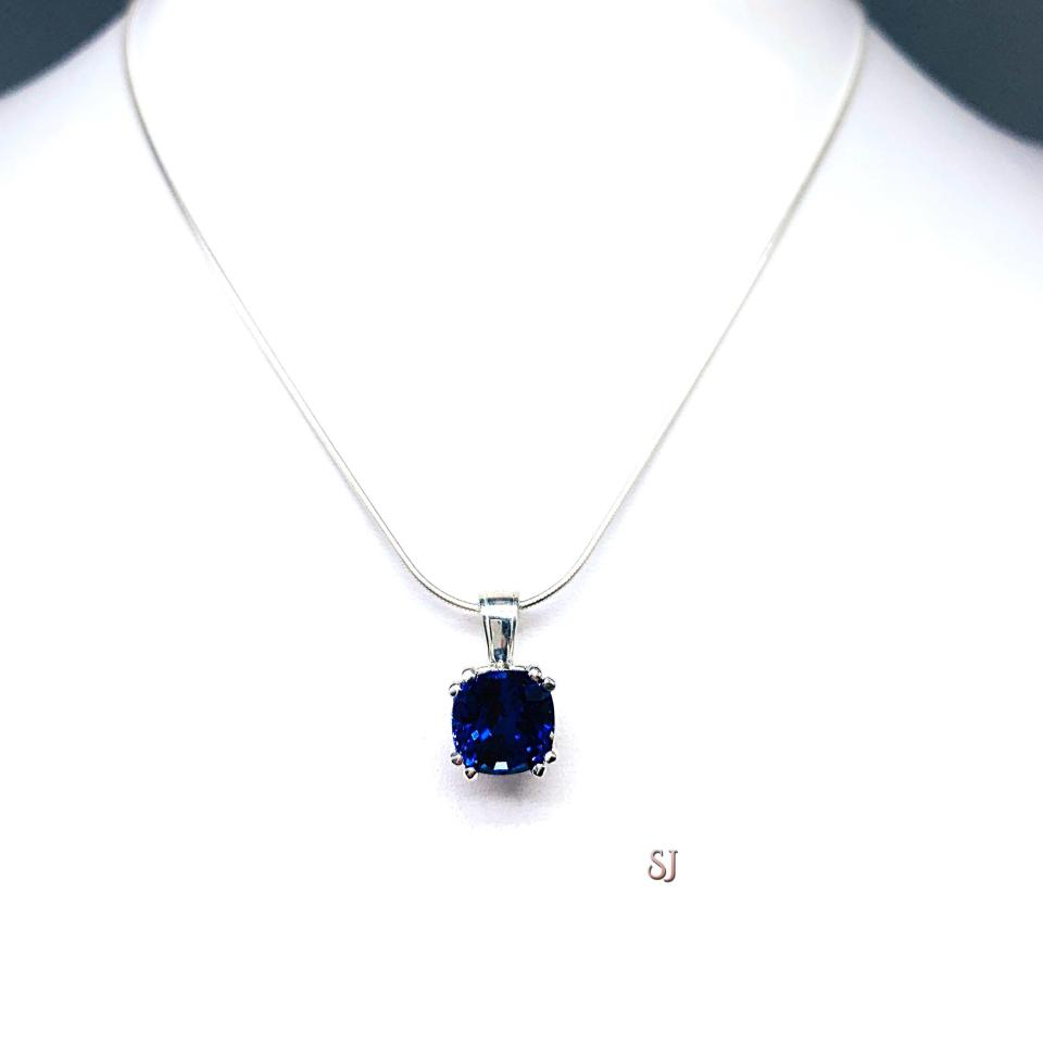 Lab Blue Sapphire 9mm Cushion Pendant - Sterling silver necklace -  Water lily design - September birthstone gift