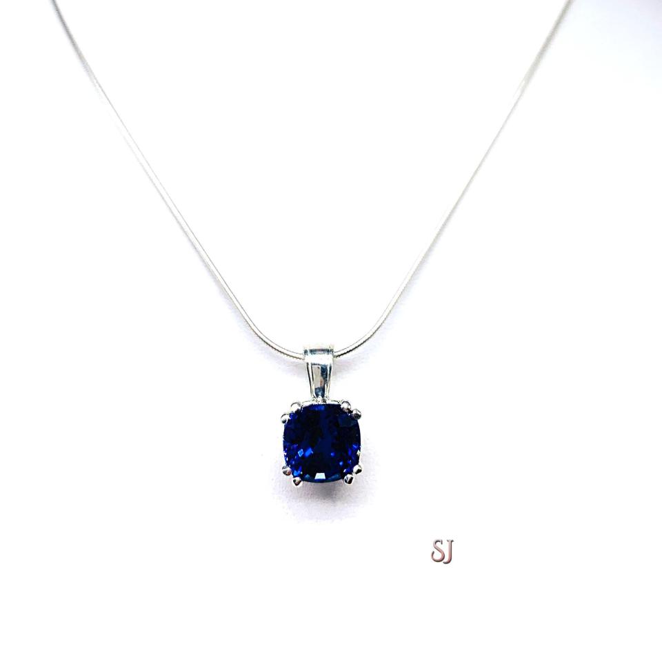 Lab Blue Sapphire 9mm Cushion Pendant - Sterling silver necklace -  Water lily design - September birthstone gift