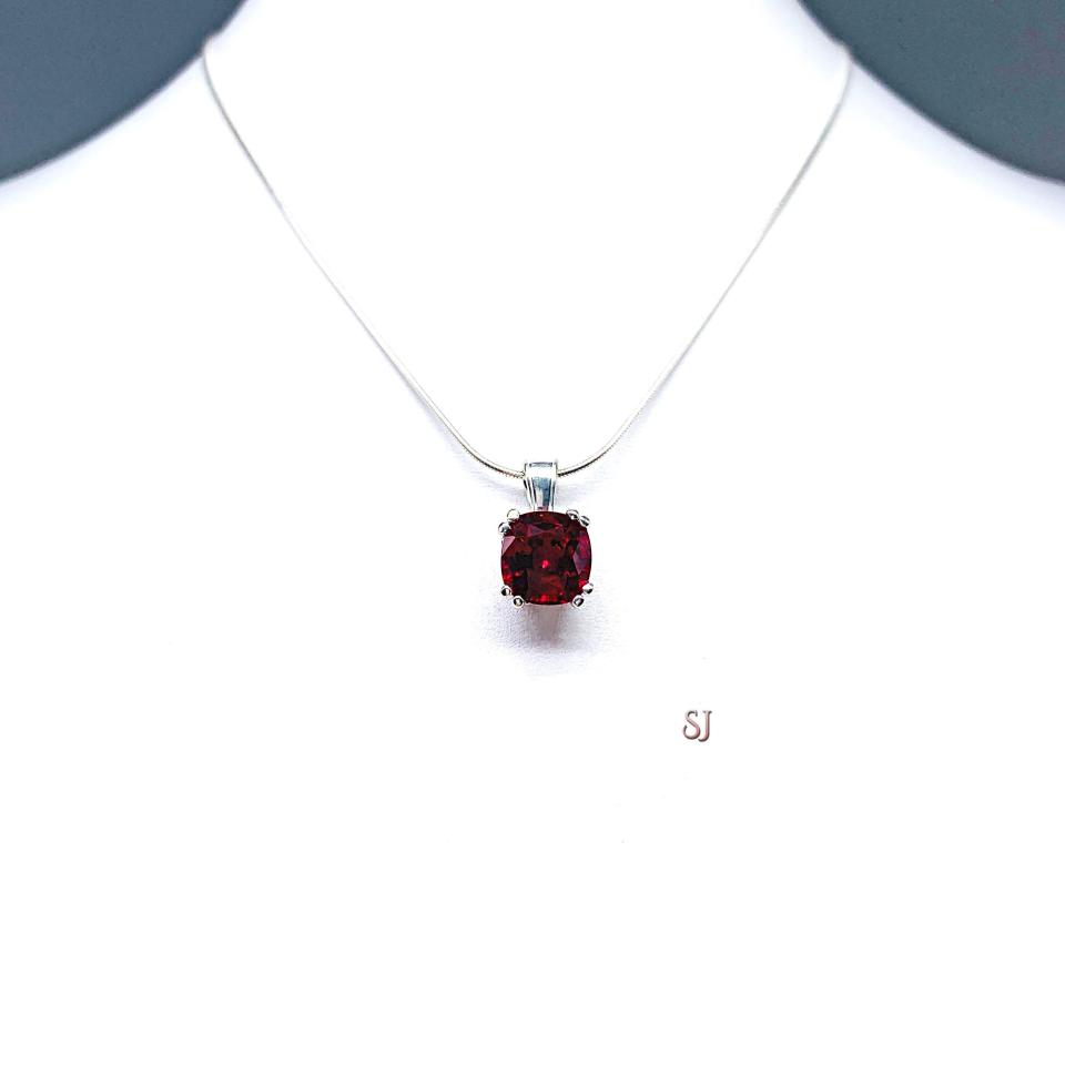 Lab Ruby 9mm Cushion Pendant - Sterling silver necklace - Water lily design - July birthstone gift