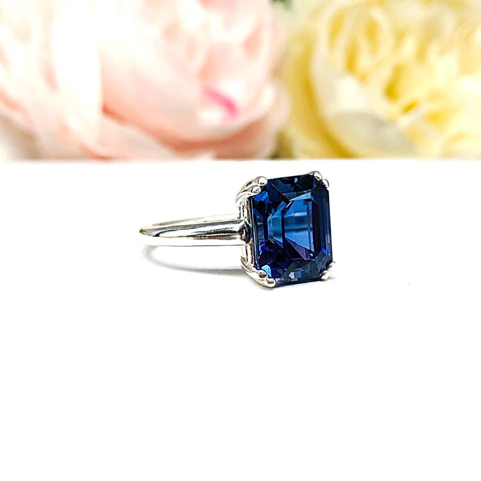 Lab Blue Sapphire Emerald Cut Double Prong Ring