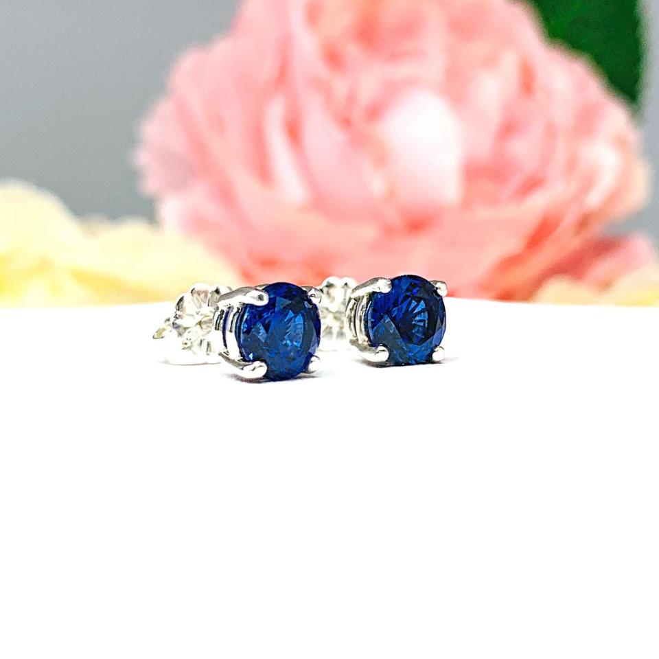 Lab Blue Sapphire Stud Earrings – 5mm-8mm Round, Sterling Silver