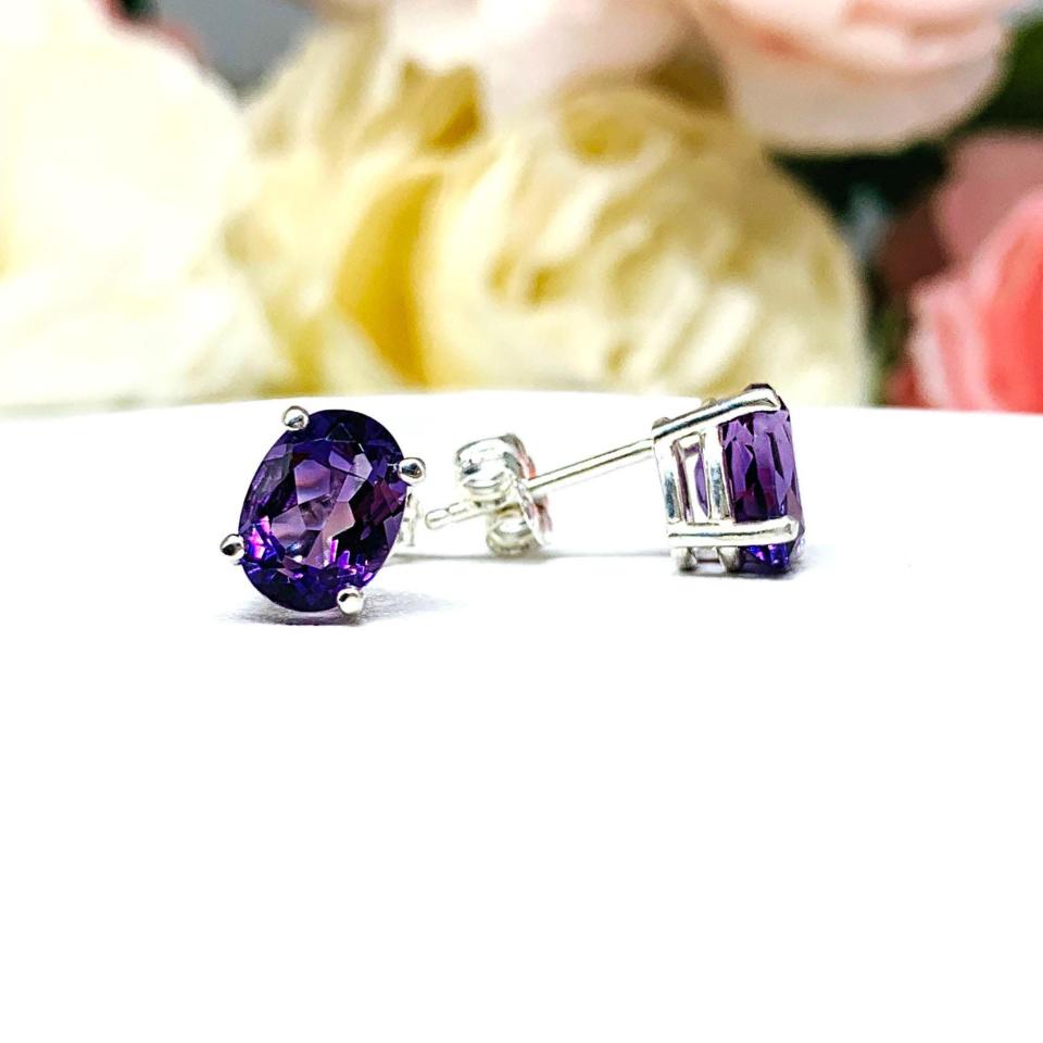 AAA Amethyst Oval Stud Earrings – Sterling silver settings – Three size options – February birthstone gift