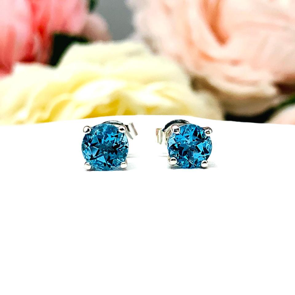 Round Swiss Blue Topaz Stud Earrings - 6mm genuine gemstones - Sterling silver basket settings - December birthstone gift