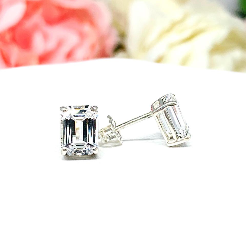 Lab White Sapphire Emerald Cut Stud Earrings – 8x6mm, Sterling Silver