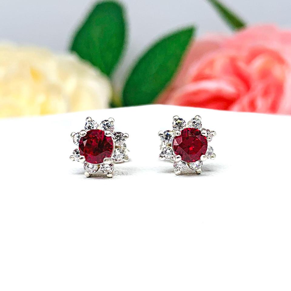 Round Lab Ruby CZ Halo Stud Earrings -  Three size options - Sterling silver settings