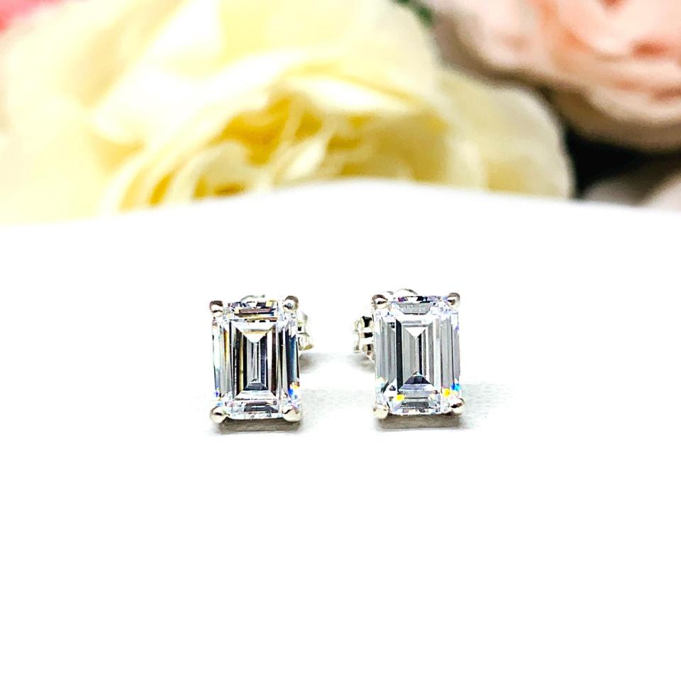 Emerald Cut Cubic Zirconia Stud Earrings – 7x5mm, Sterling Silver