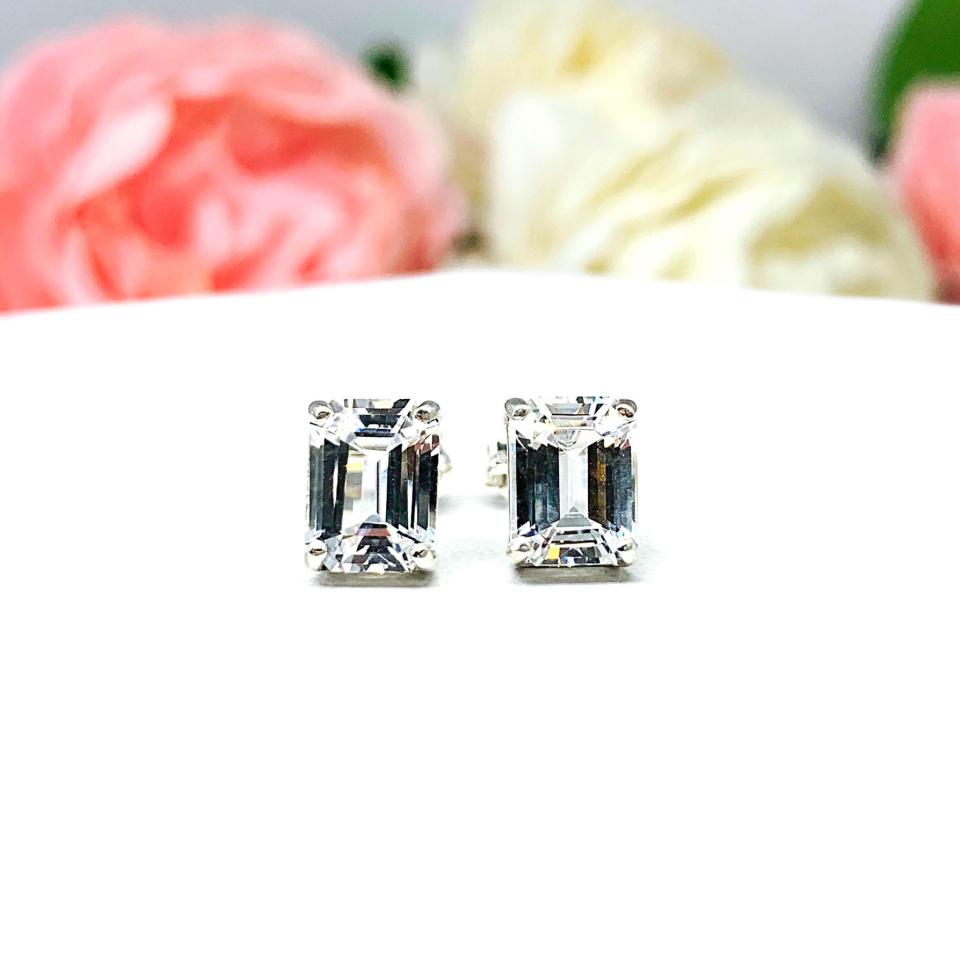 Lab White Sapphire Emerald Cut Stud Earrings – 8x6mm, Sterling Silver