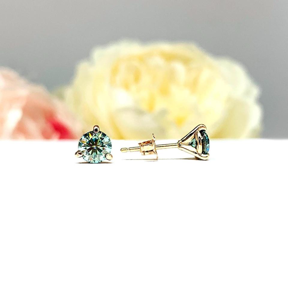 Blue Moissanite Stud Earrings – 14k Gold – Round Martini Setting – Authentic Stones