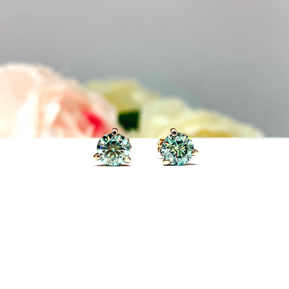 Blue Moissanite Stud Earrings – 14k Gold – Round Martini Setting – Authentic Stones