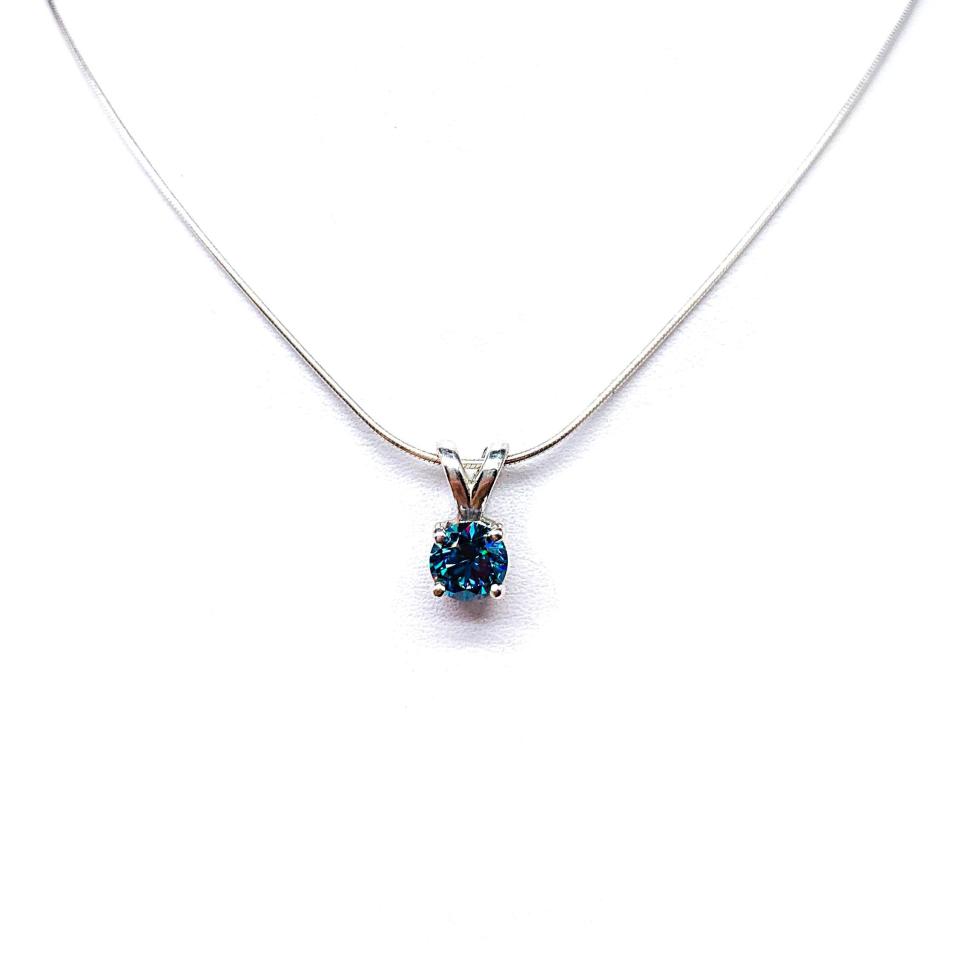 Teal Blue Moissanite Pendant - 6mm round lab grown peacock blue stone - Sterling silver necklace