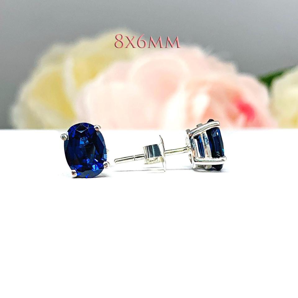 Oval Lab Blue Sapphire Stud Earrings – 7x5mm, 8x6mm, Sterling Silver