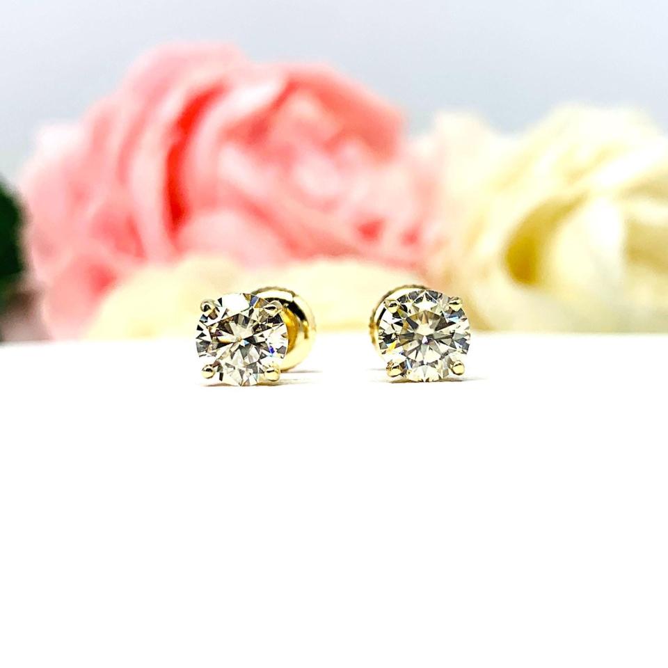 Champagne Moissanite Stud Earrings – 6mm Round – 14k Yellow Gold – Screw Back – CLEARANCE