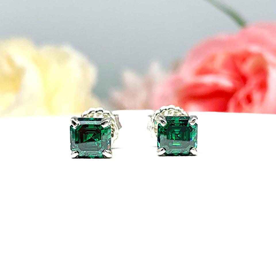 Emerald Green Asscher Moissanite Stud Earrings - 6mm (2.5 cts total) authentic moissanites - Sterling Silver or Gold