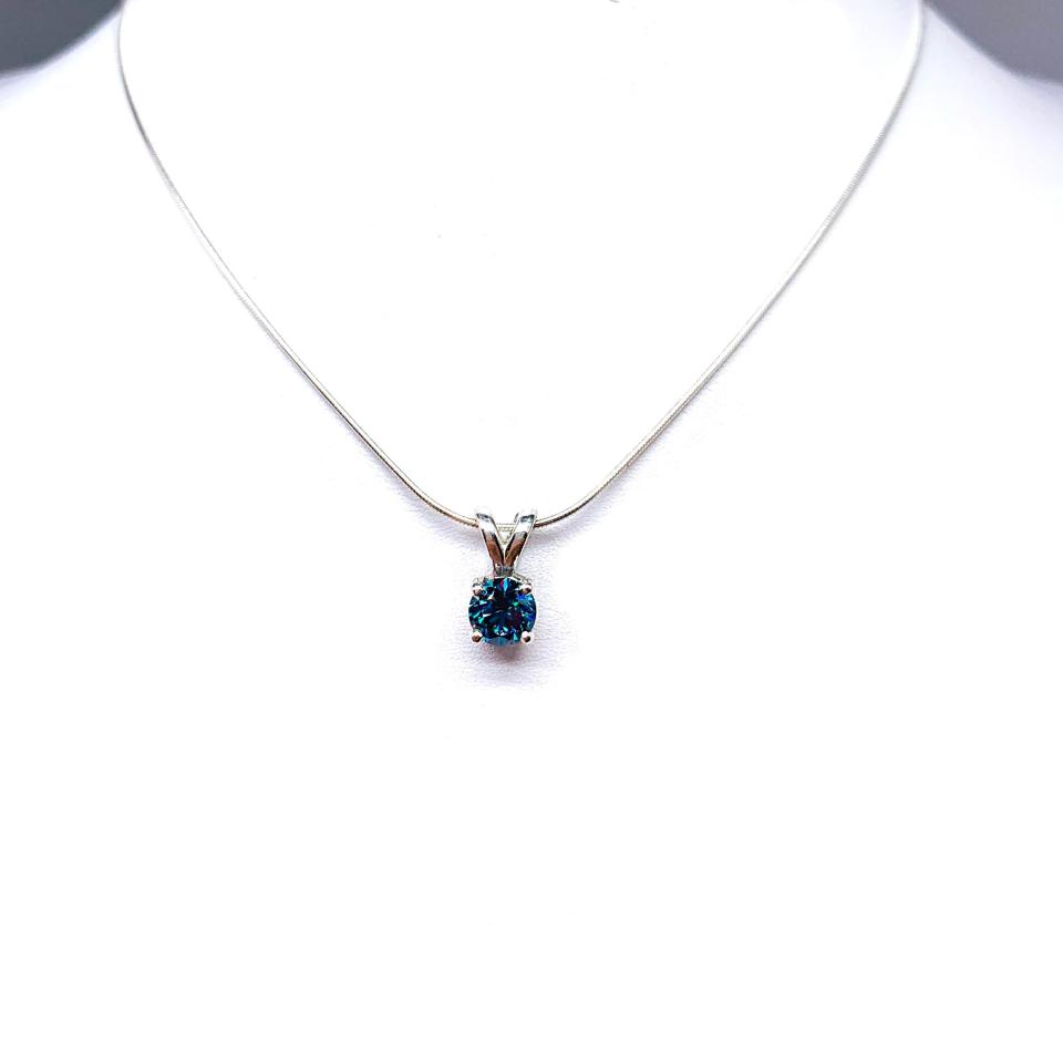 Teal Blue Moissanite Pendant - 6mm round lab grown peacock blue stone - Sterling silver necklace