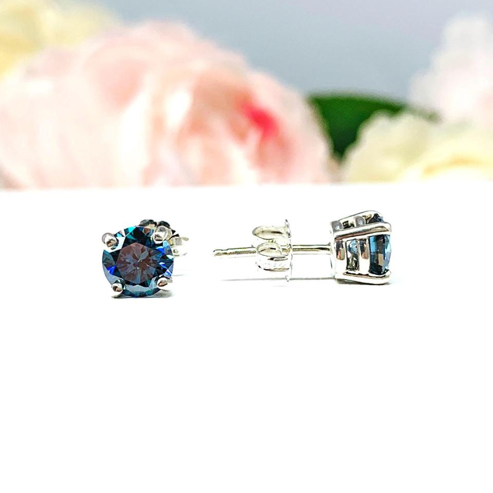 Teal Blue Moissanite Stud Earrings - 6mm lab grown peacock blue stone - Sterling silver settings