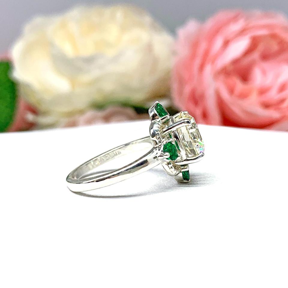 Art Deco Round Cubic Zirconia Engagement Ring – 7mm-9mm, Lab Emerald Accents, Sterling Silver