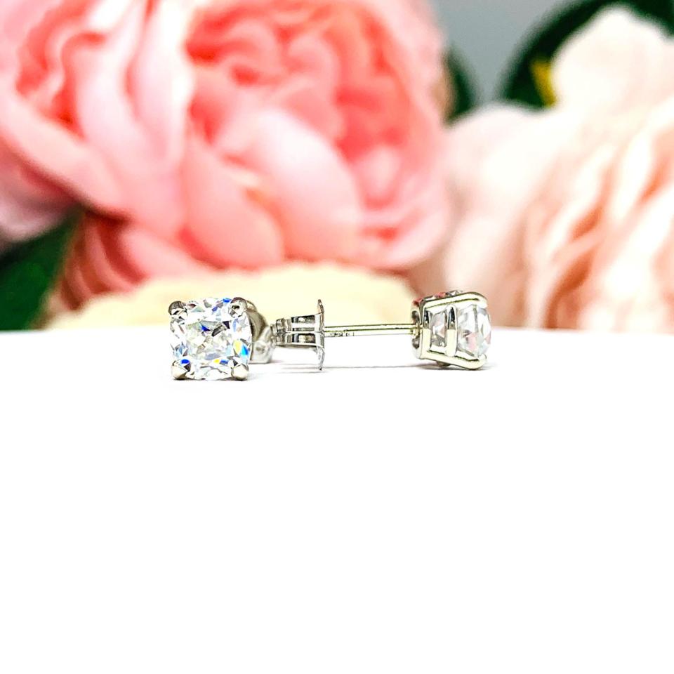Old Mine Cut Moissanite Stud Earrings – 14k White Gold – 5mm Round – 1 Ct Total – Solid Gold Setting