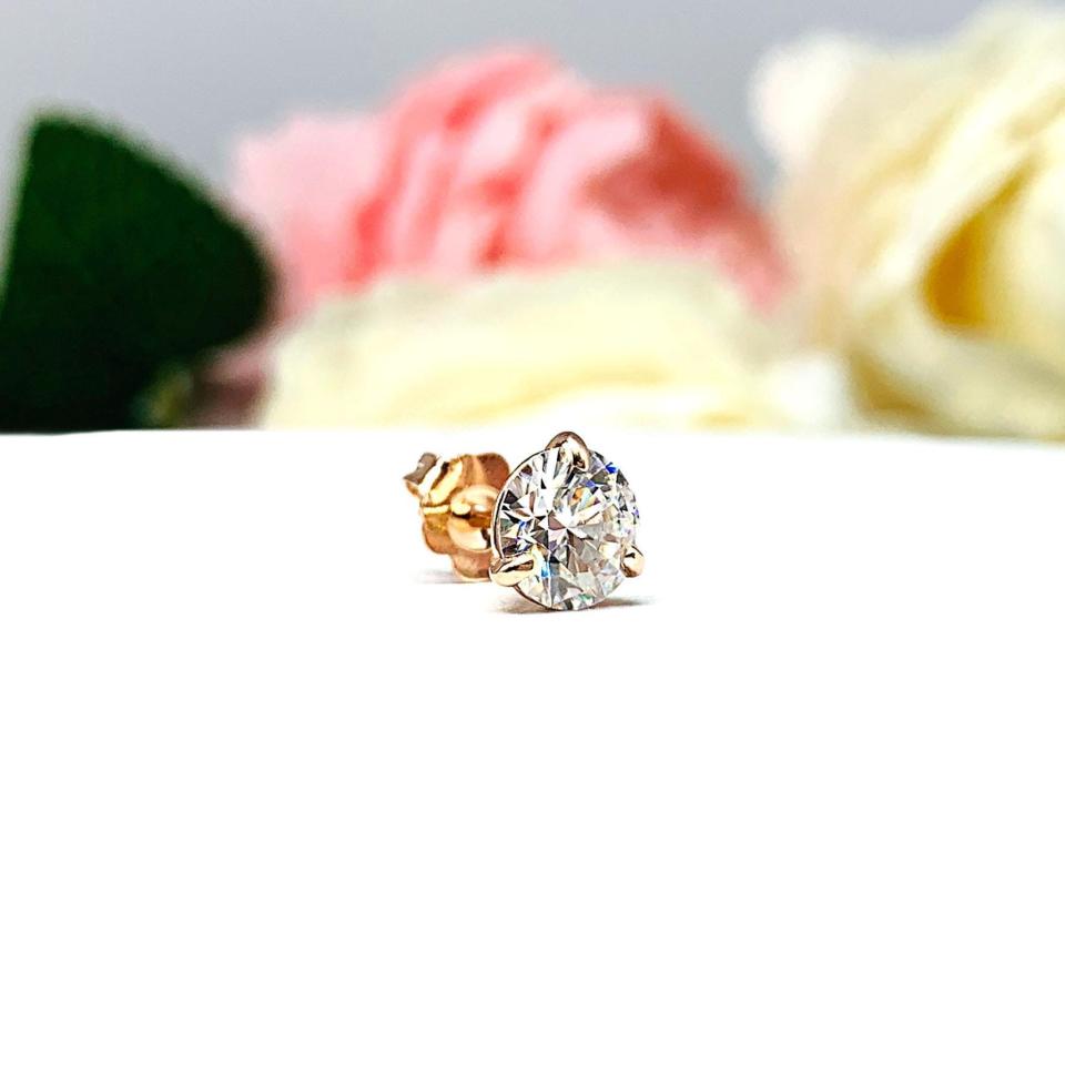 14k Gold Moissanite Martini Stud Earring – Single Stud in Five Size Options - Round brilliant DEF VVS lab stones