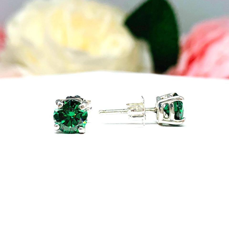 Emerald Green Moissanite Stud Earrings – Round Cut in 4 Size Options – Sterling Silver Settings