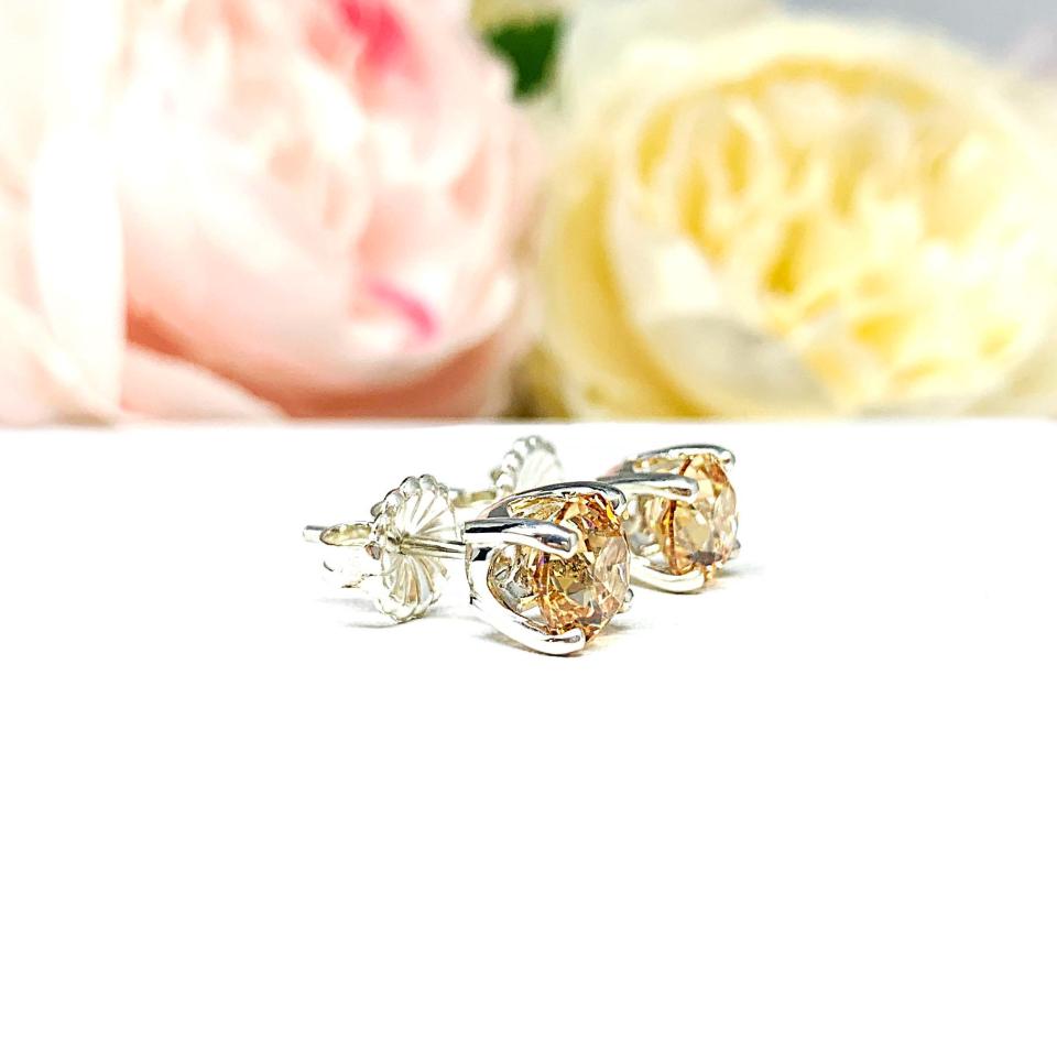 Champagne Old European Cut CZ Stud Earrings – 7mm,  Sterling Silver