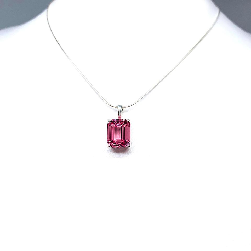 Lab Padparadscha Pink Sapphire Pendant Necklace – 12x10mm, Emerald Cut, Sterling Silver