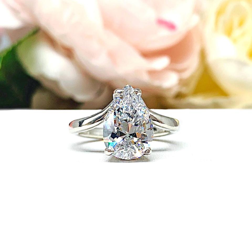 Pear CZ Engagement Ring - Curved Sterling Silver Band - 3 Stone Size Options – Elegant & Affordable Bridal Jewelry