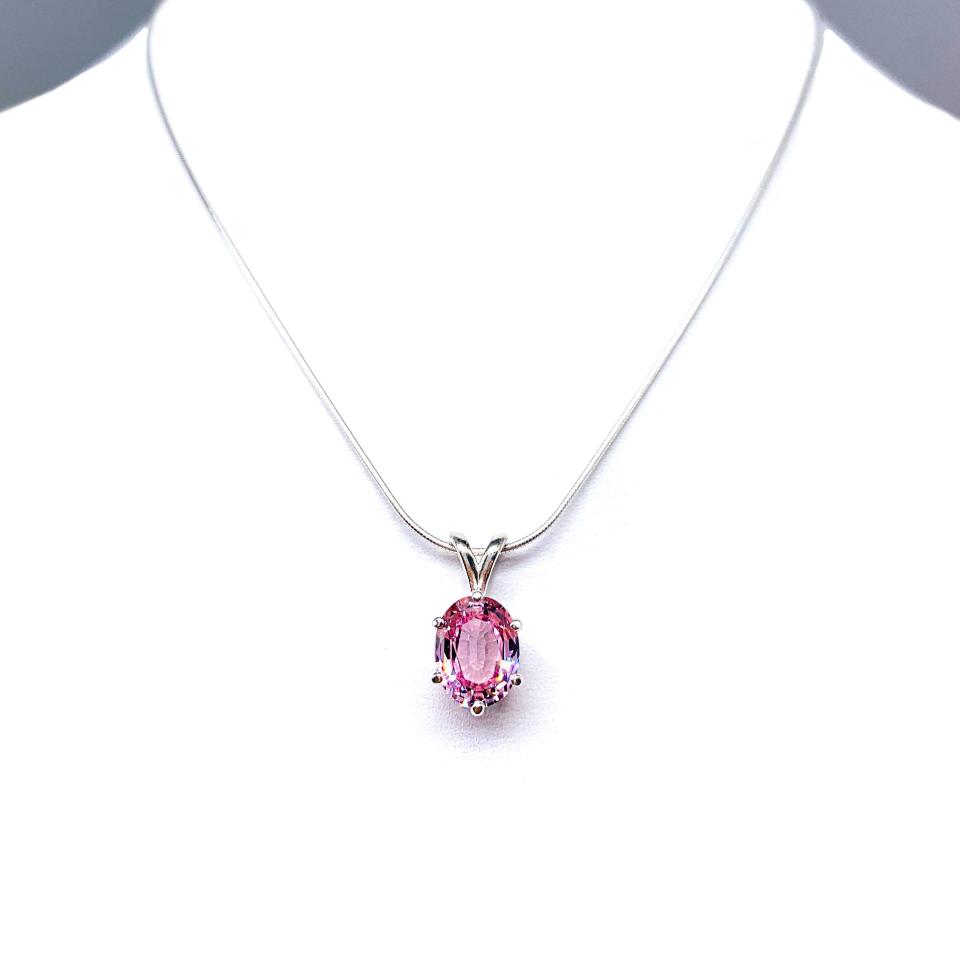 Padparadscha Pink Sapphire Pendant Necklace – 10x8mm, Lab-Created, Sterling Silver