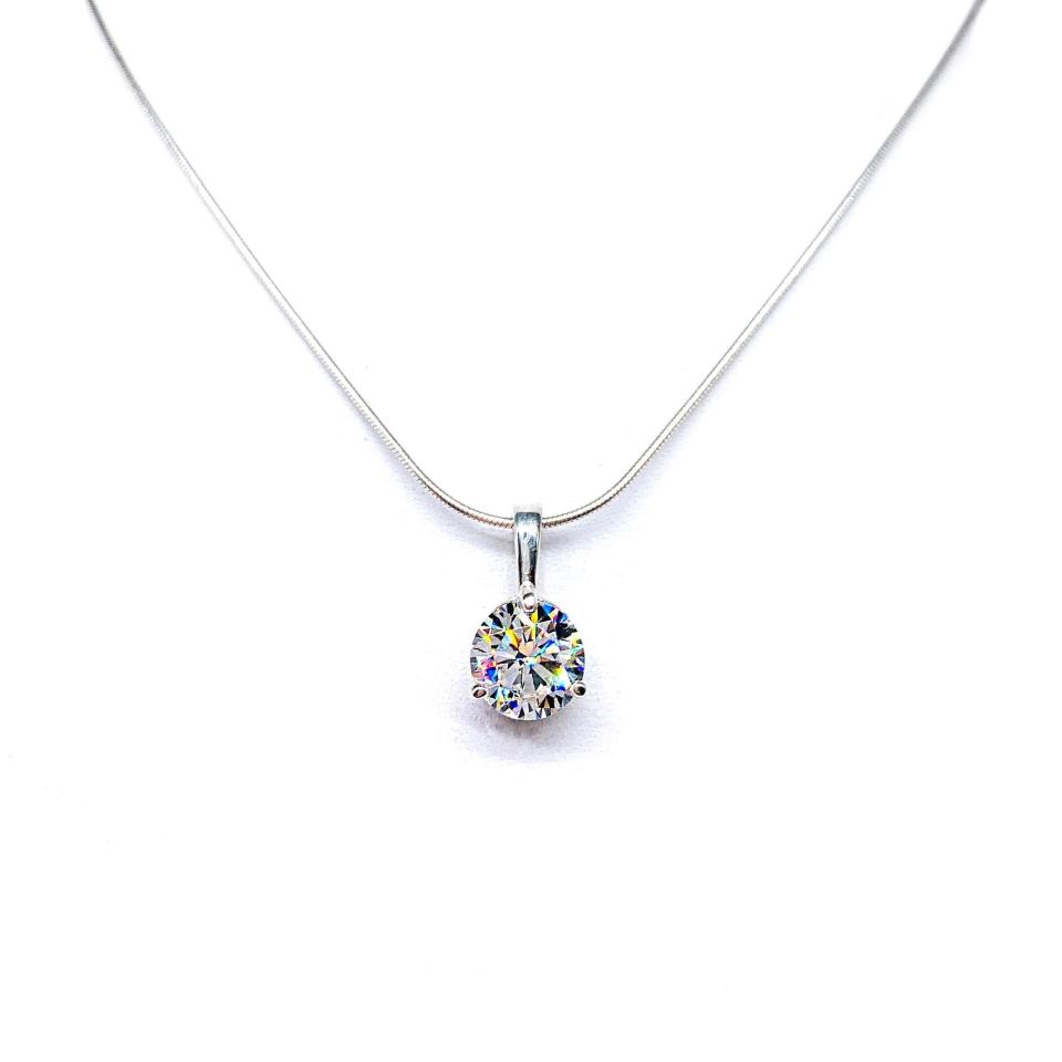 Round CZ Martini Pendant Necklace – 5mm-10mm, Near Colorless, 3-Prong, Sterling Silver
