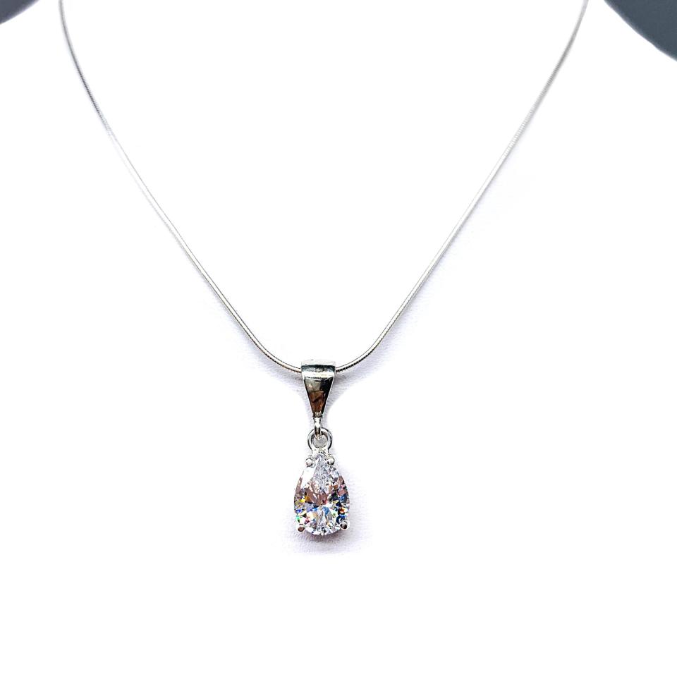 Pear Cubic Zirconia Dangle Pendant Necklace – 10x7mm-13x9mm, Sterling Silver
