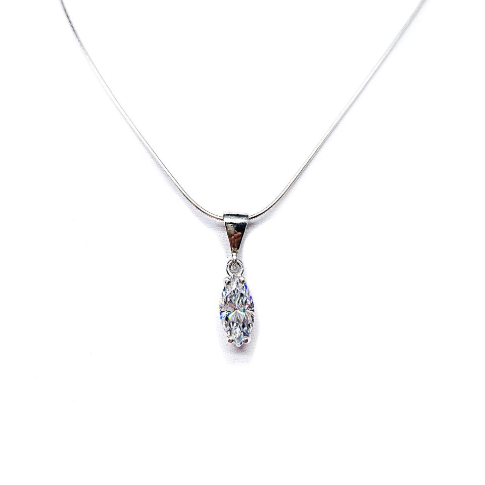 Marquise Cubic Zirconia Dangle Pendant Necklace – 12x6mm, 16x8mm, Sterling Silver