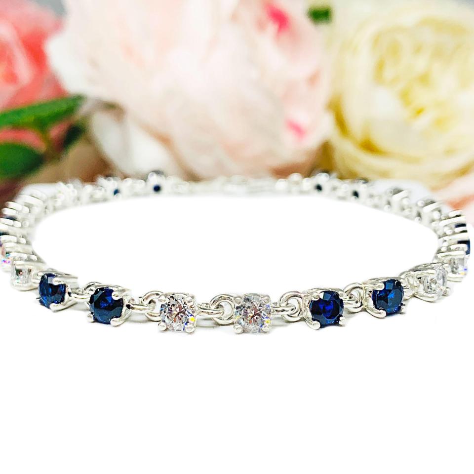 Lab Blue Sapphire & Cubic Zirconia Bracelet – 4mm Round, Sterling Silver, 7.5" Length