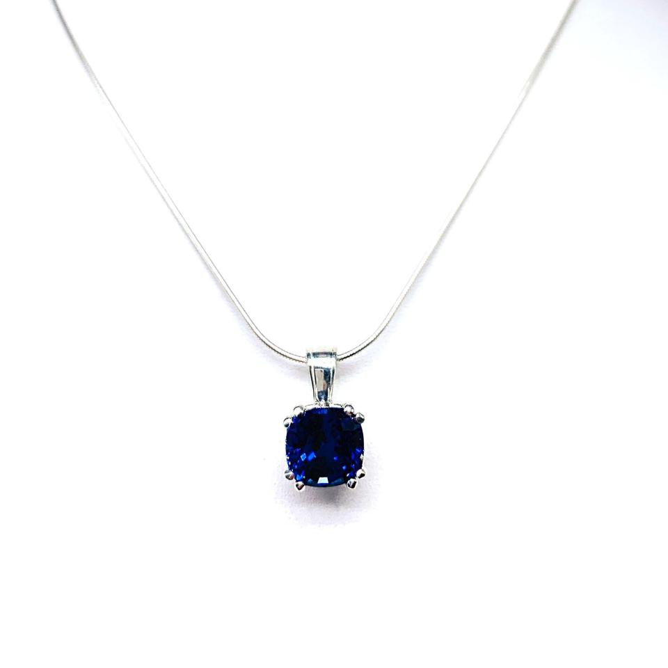 Lab Blue Sapphire Cushion Pendant Necklace – 9mm, Sterling Silver, Water Lily Design