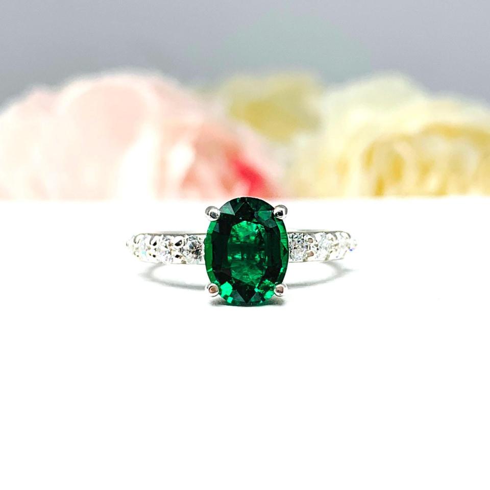 Lab Emerald Oval Pave Bridal Ring Set – 8x6mm-9x7mm, Sterling Silver