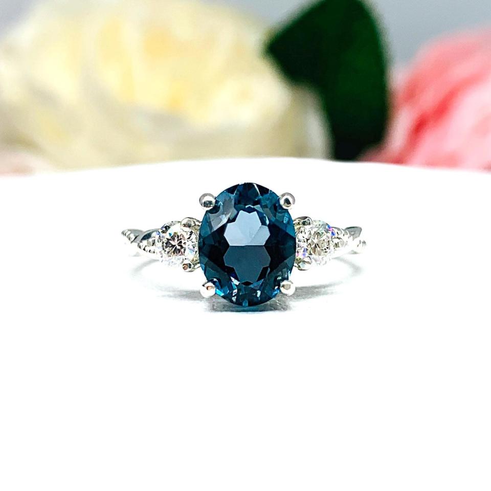 London Blue Topaz Oval Ring – 8x6mm-10x8mm, Moissanite Accents, Sterling Silver, Twist Milgrain Band