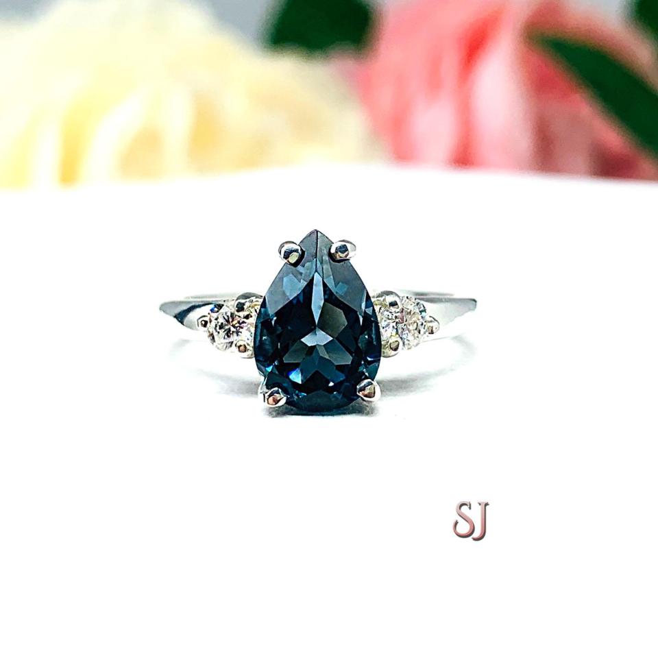 London Blue Topaz Pear Ring – 10x7mm, 12x8mm, Moissanite Accents, Sterling Silver