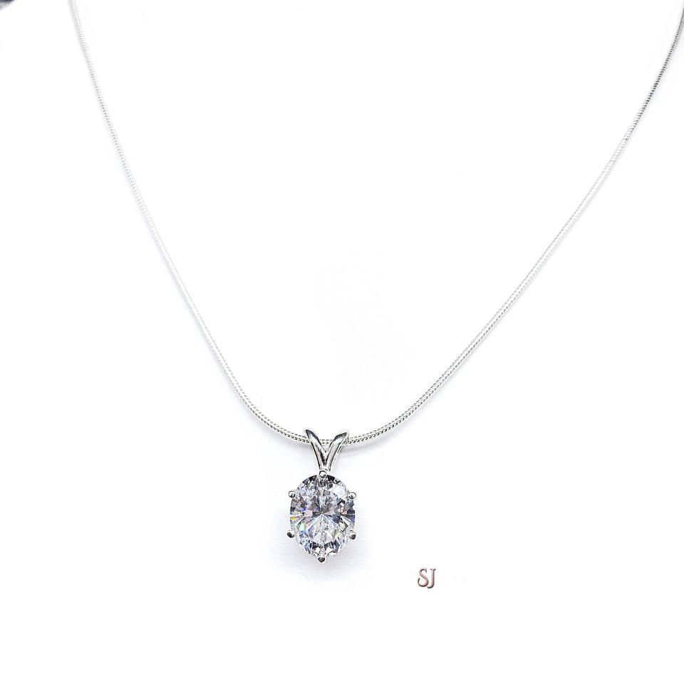 Oval Cubic Zirconia Pendant Necklace – 8x6mm-10x8mm, Sterling Silver, 6-Prong