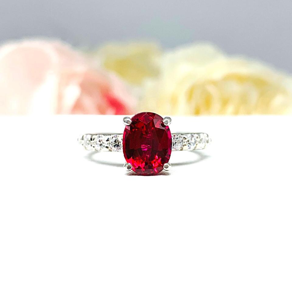 Lab Ruby Oval Wedding Set – CZ Pave Accents, 8x6mm, 9x7mm, Sterling Silver