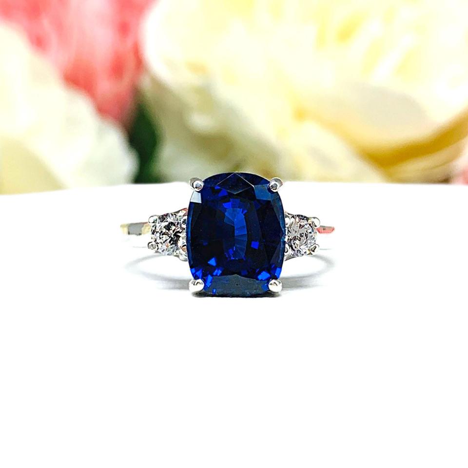 Lab Blue Sapphire Elongated Cushion Ring– CZ Accents, 10x8mm, Sterling Silver