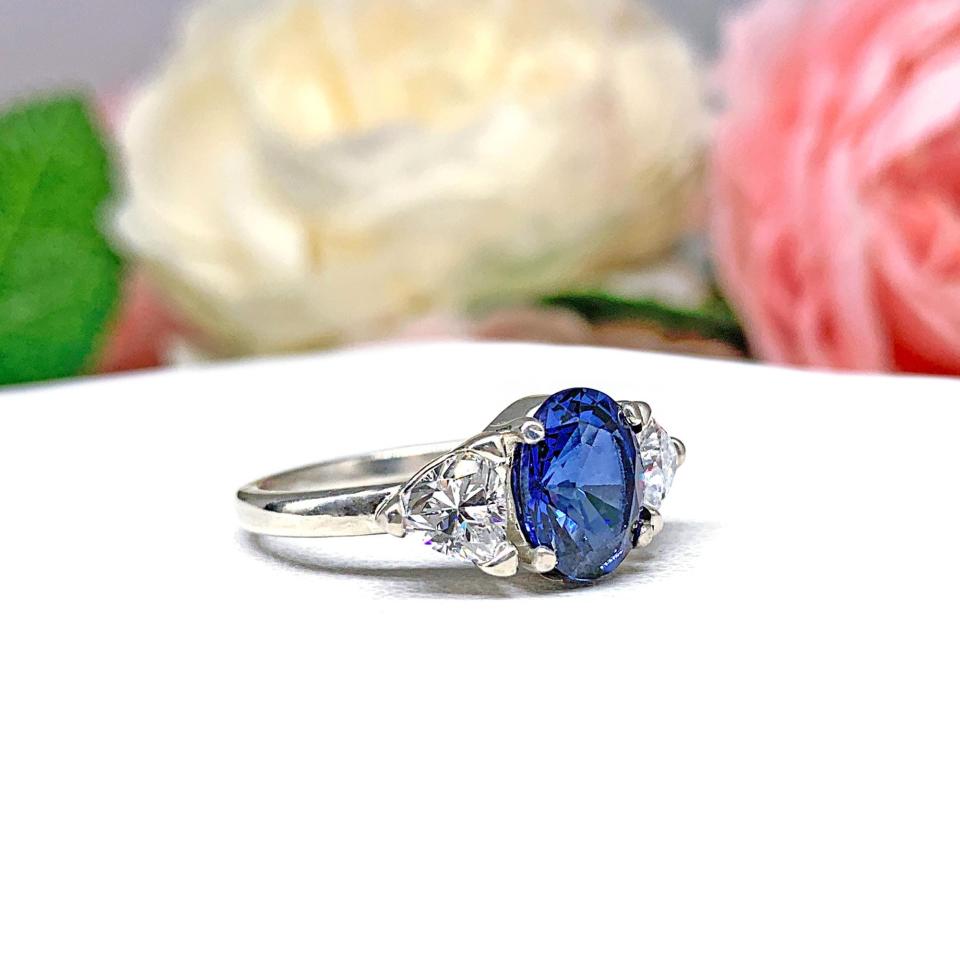 Lab Blue Sapphire Oval & CZ Trillion Ring – 8x6mm-10x8mm, Sterling Silver, Low Profile