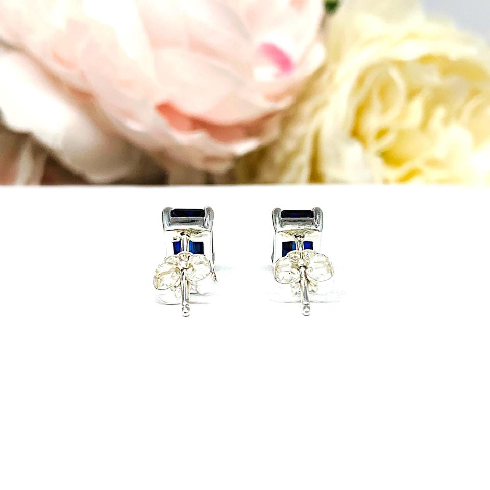 Lab Blue Sapphire Emerald Cut Stud Earrings – 7x5mm, Sterling Silver