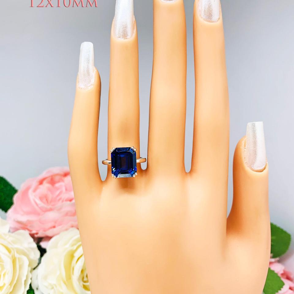 Lab Blue Sapphire Emerald Ring – 10x8mm-12x10mm, Sterling Silver