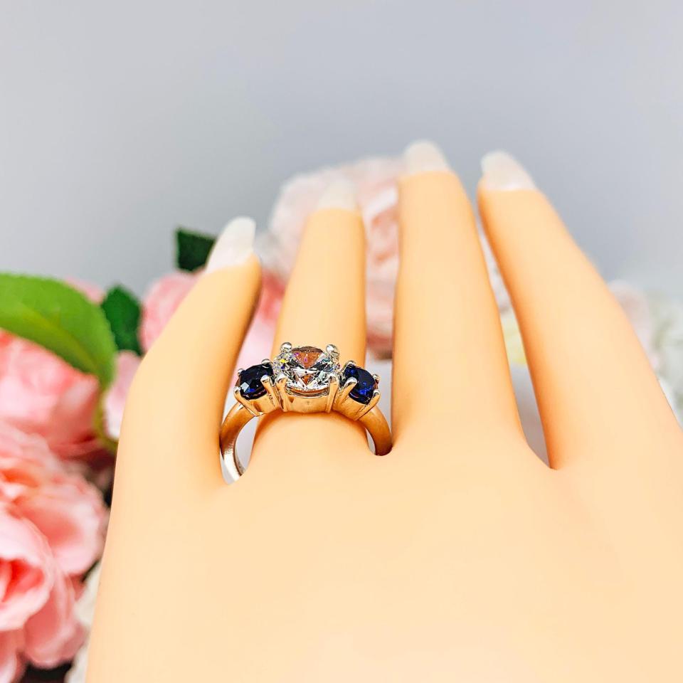 Round CZ & Lab Blue Sapphire 3-Stone Engagement Ring – 6mm-9mm, Sterling Silver